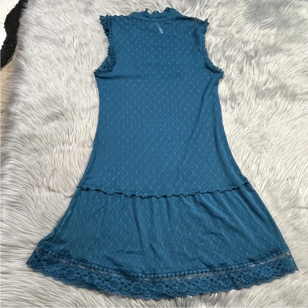 Free People Teal Blue Lace Ruffle Sheer Sleeveless Tunic Dress Size Small